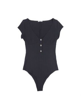 Reformation Black Ribbed Button-Front Bodysuit